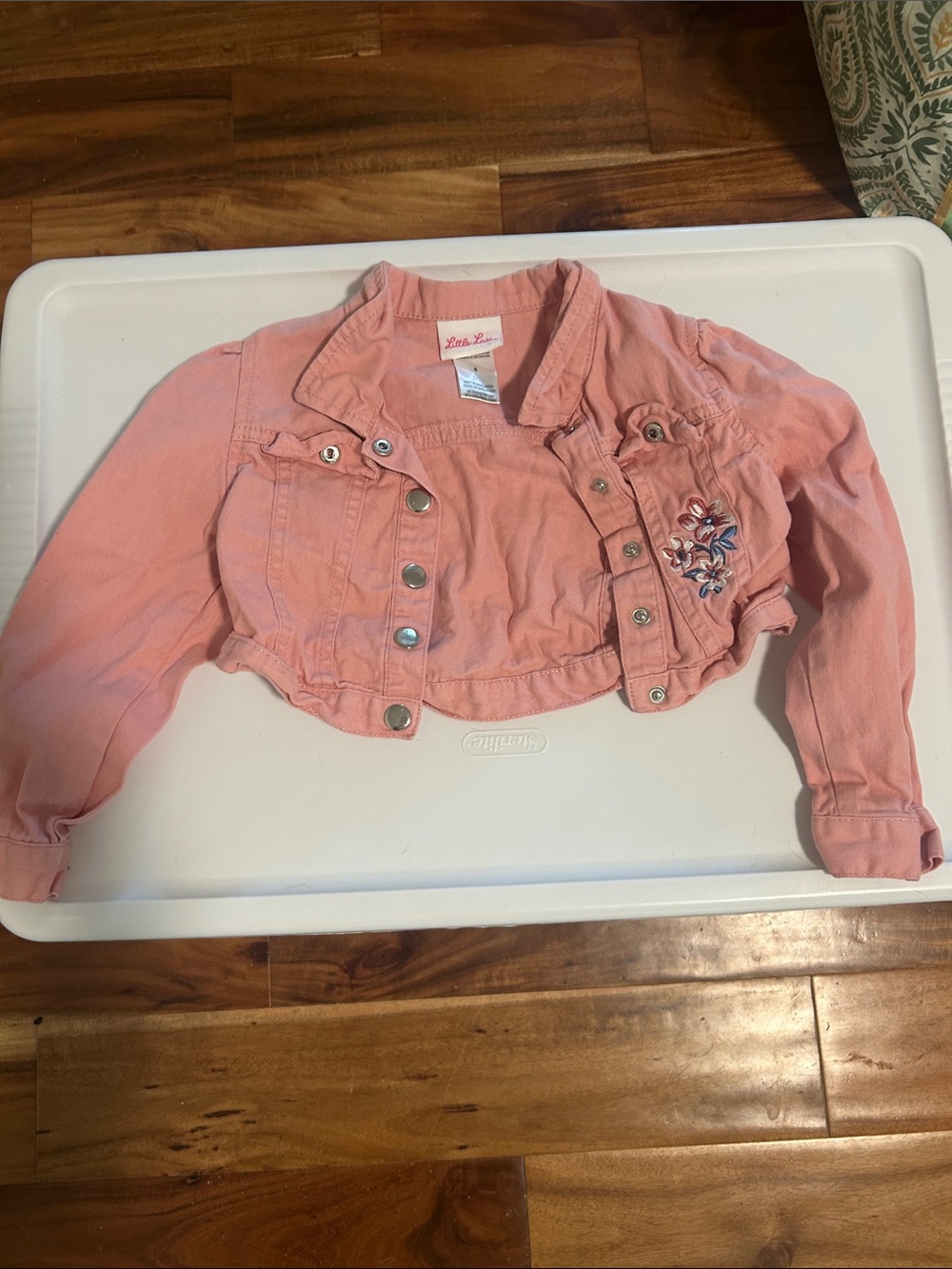 Little Lass Pink Cropped Jean Jacket with Floral Embroidery